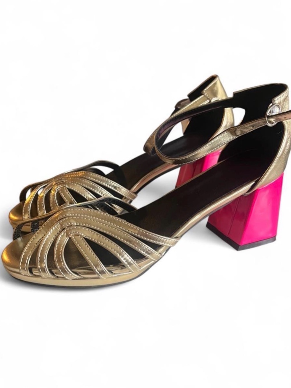 Maximalist Gold and Pink Block Heel Sandals - Women